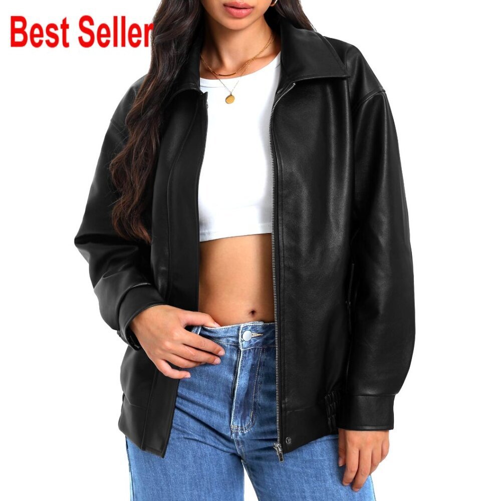 Oversized Faux Leather Bomber Jacket with Zipper, Casual Travel Outfit